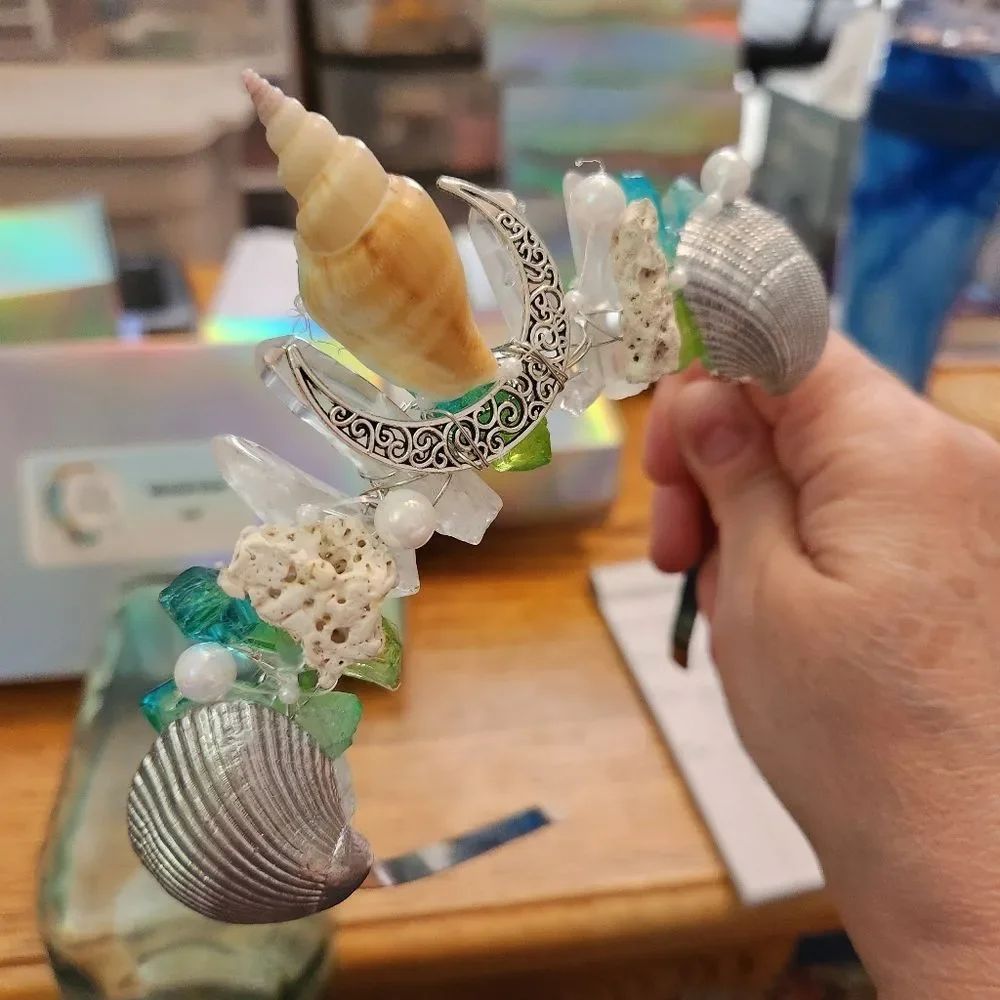 Mermaid Crown Green/White Crystal Quarts, Coral, Pearls, Shell, & Silver Moon!